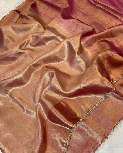 Zaria Rose Gold Banarasi Soft Kanchi Tissue Silk Saree