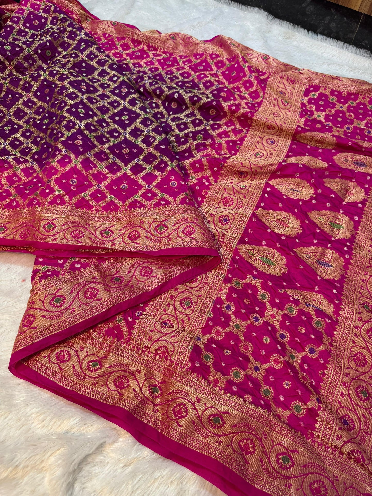 Bandini Rani Pink & Magenta Banarasi Soft Bandhej Warm Silk Saree