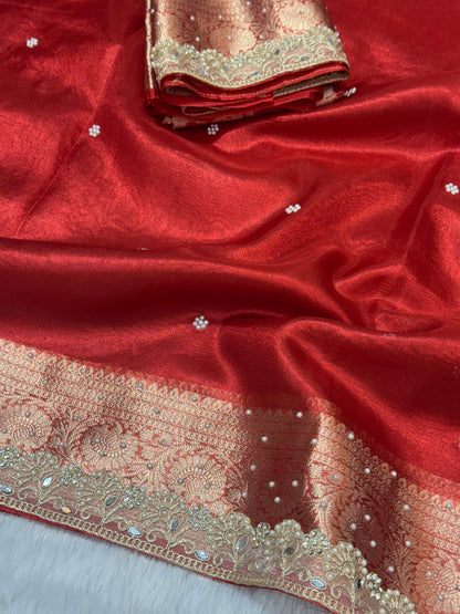 Gulnaar Red Tissue Silk Saree
