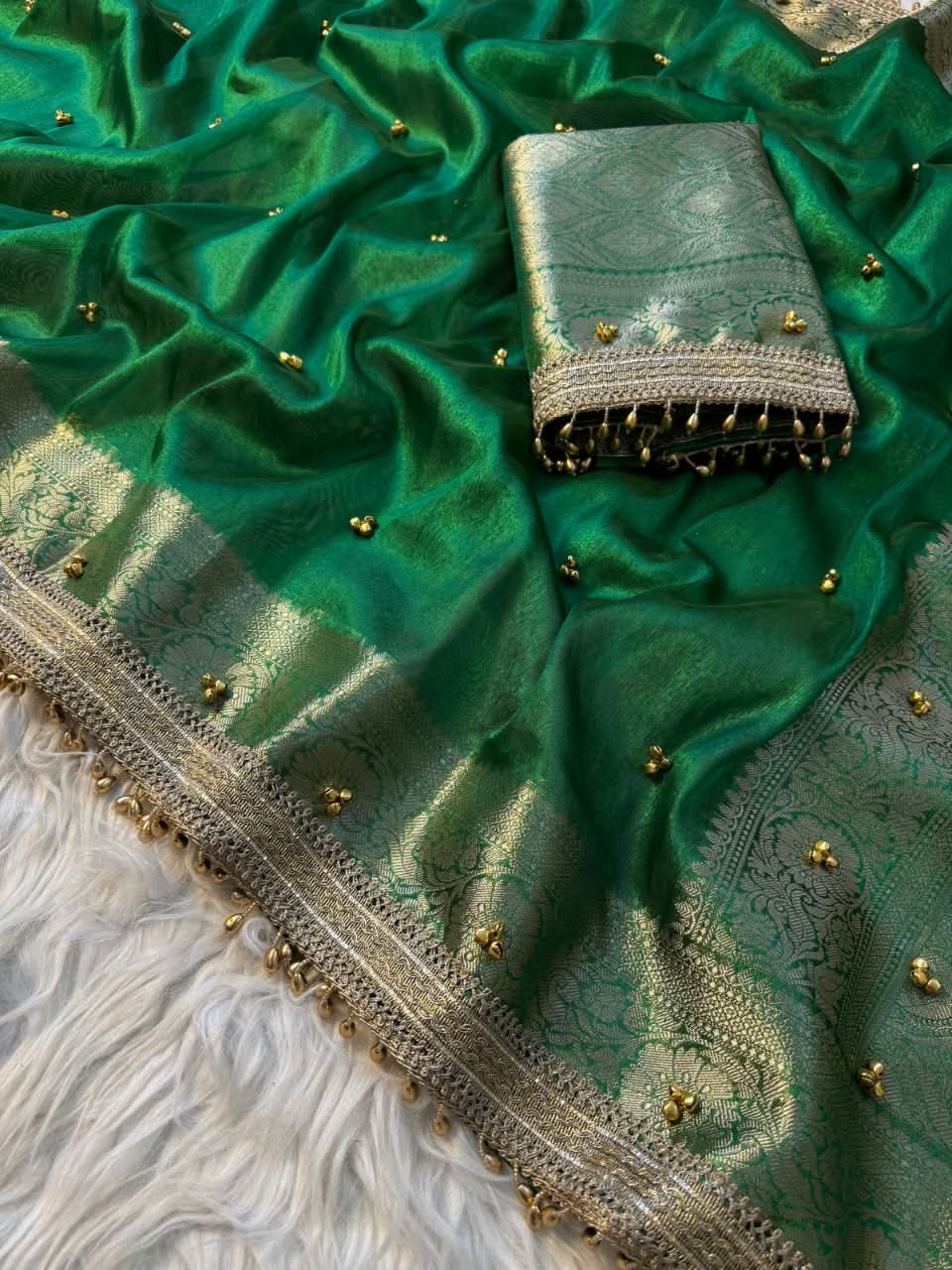Kaya Ghungroo Green Tissue Silk Saree