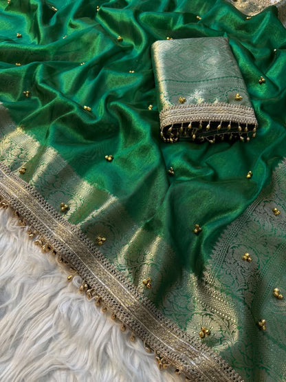 Kaya Ghungroo Green Tissue Silk Saree