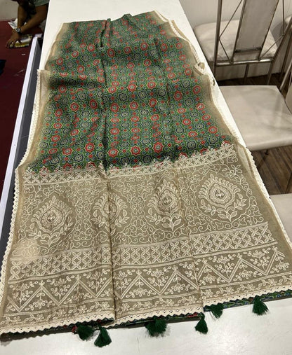 Noorvi Green Chanderi Cotton Saree with Ajrakh Print
