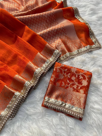 Charvi Orange Tissue Silk Saree