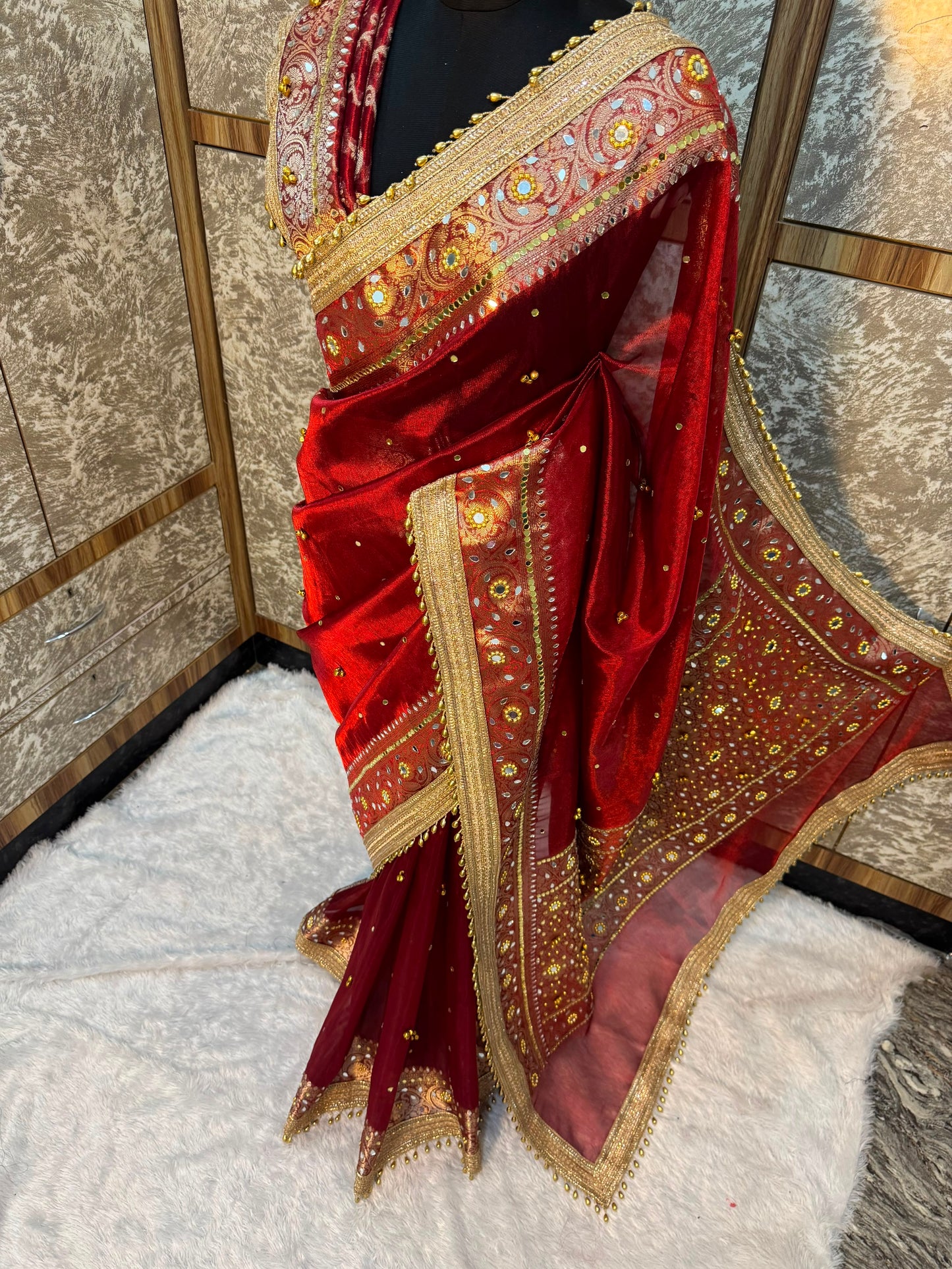 Ghungroo Red Tissue Silk Saree