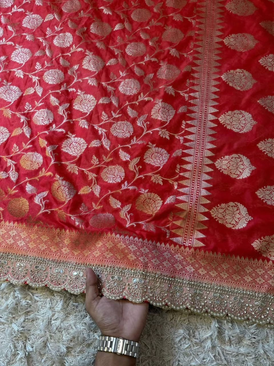 Mahnoor Coral Red Banarasi Soft Mashru Katan Silk Saree