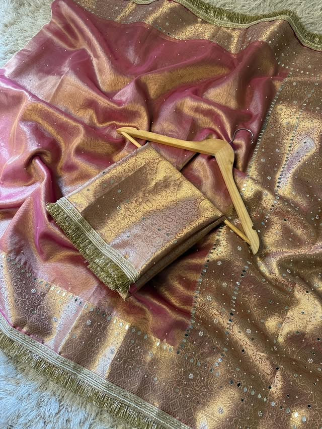 Nayab Rose Gold Pink Banarasi Soft Tissue Silk Saree