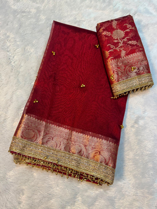 Madhur Ghungroo Red Tissue Silk Saree