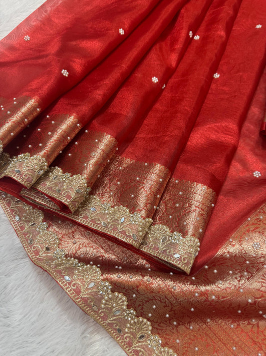 Gulnaar Red Tissue Silk Saree