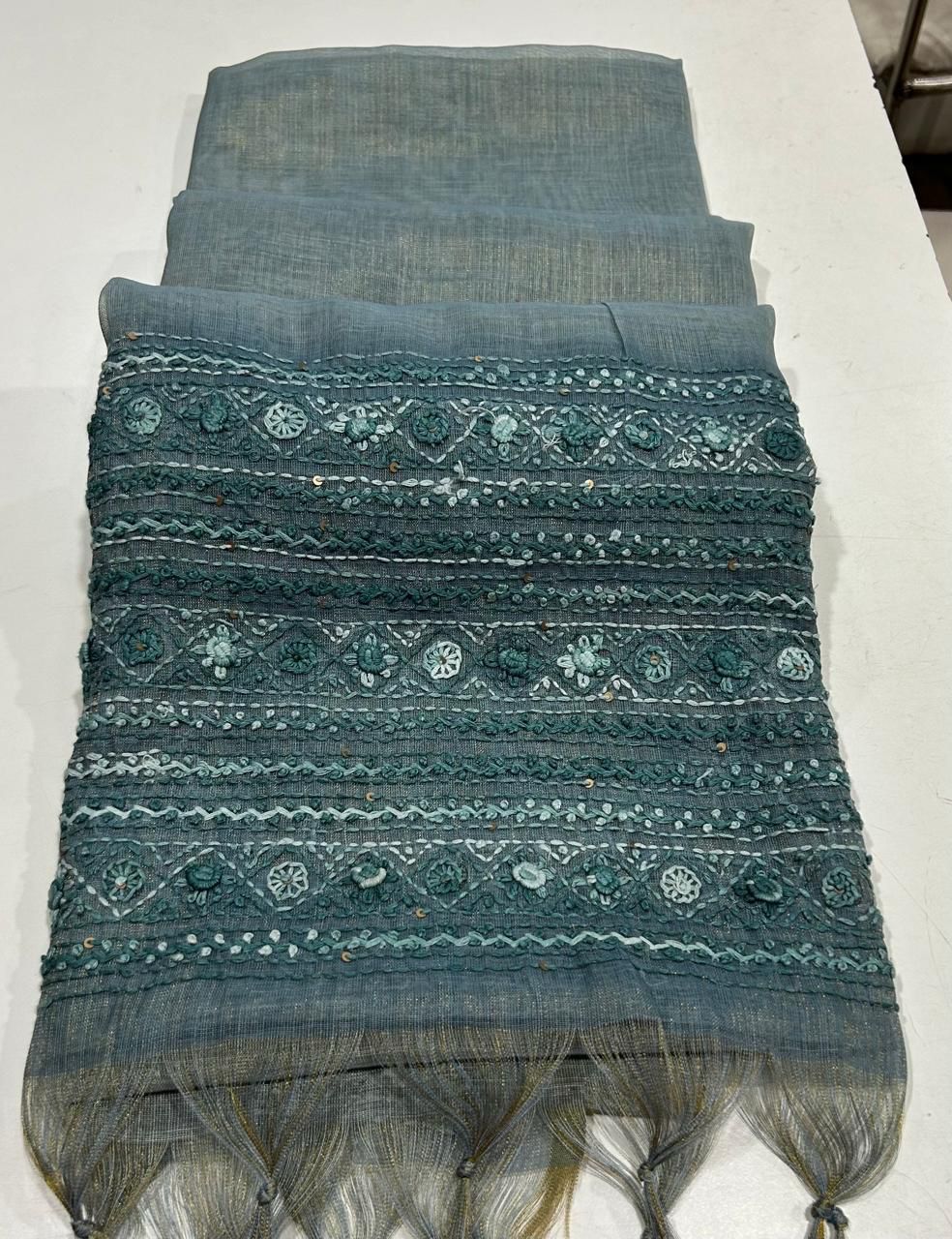 Kaavya Teal Linen Tissue Saree