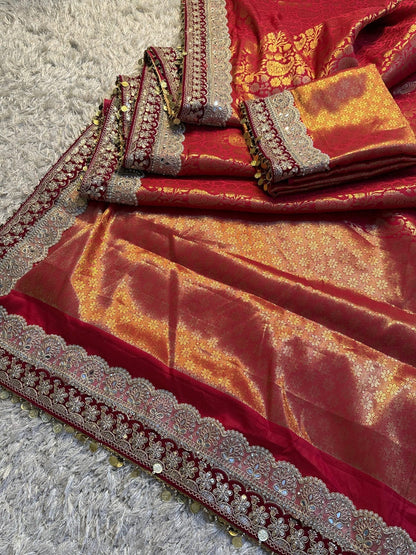 Zohra Crimson Red Banarasi Katan Silk Saree
