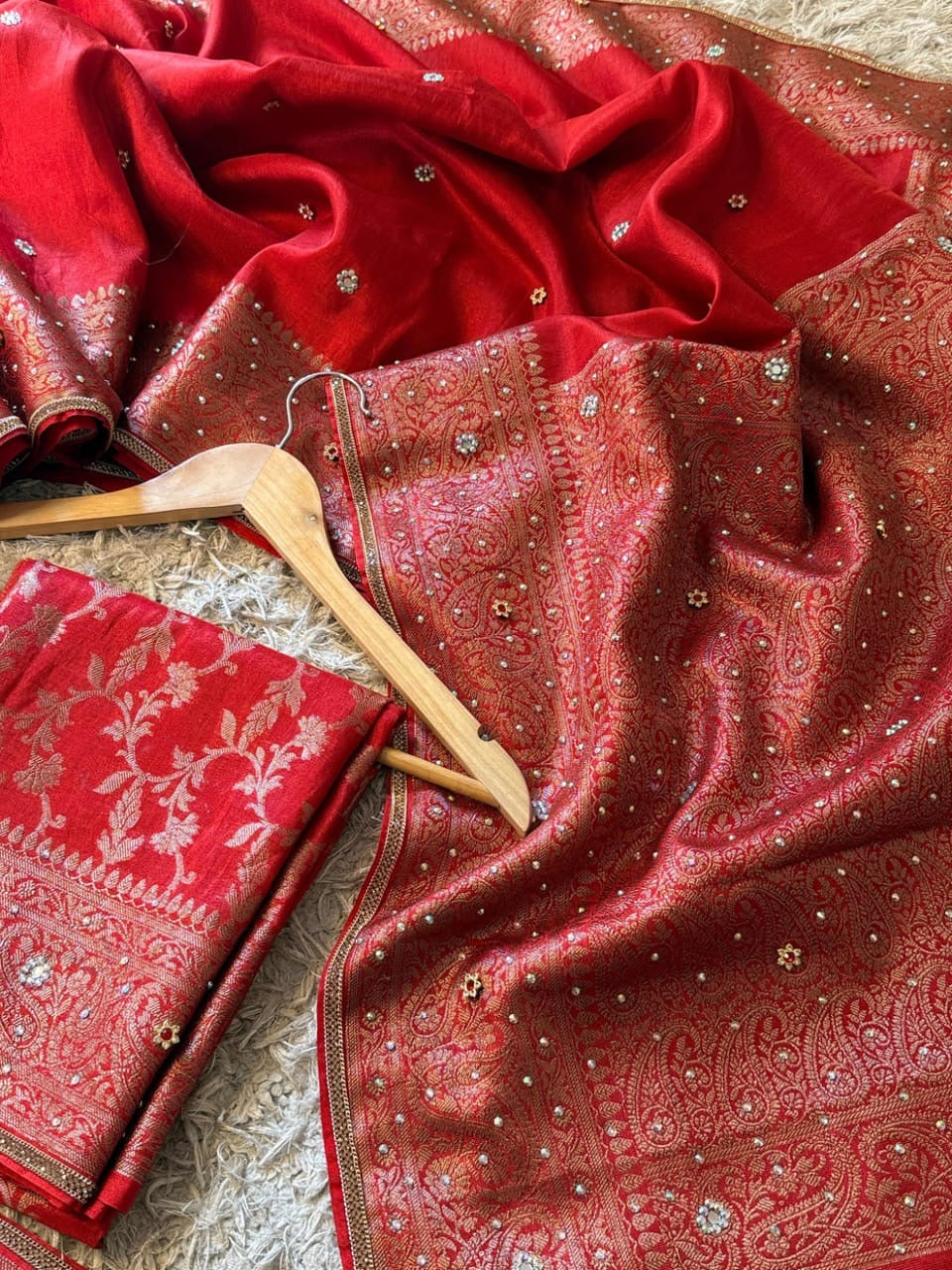 Laalima Ruby Red Banarasi Soft Tissue Silk Saree