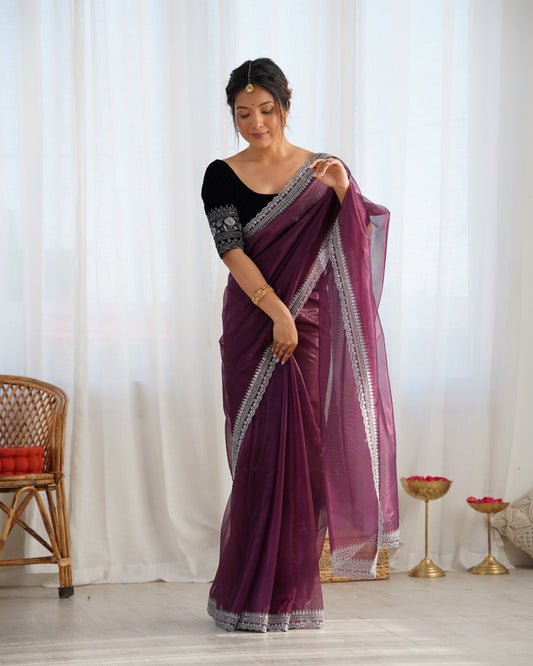 Kanchh Maroon Twill Net Saree