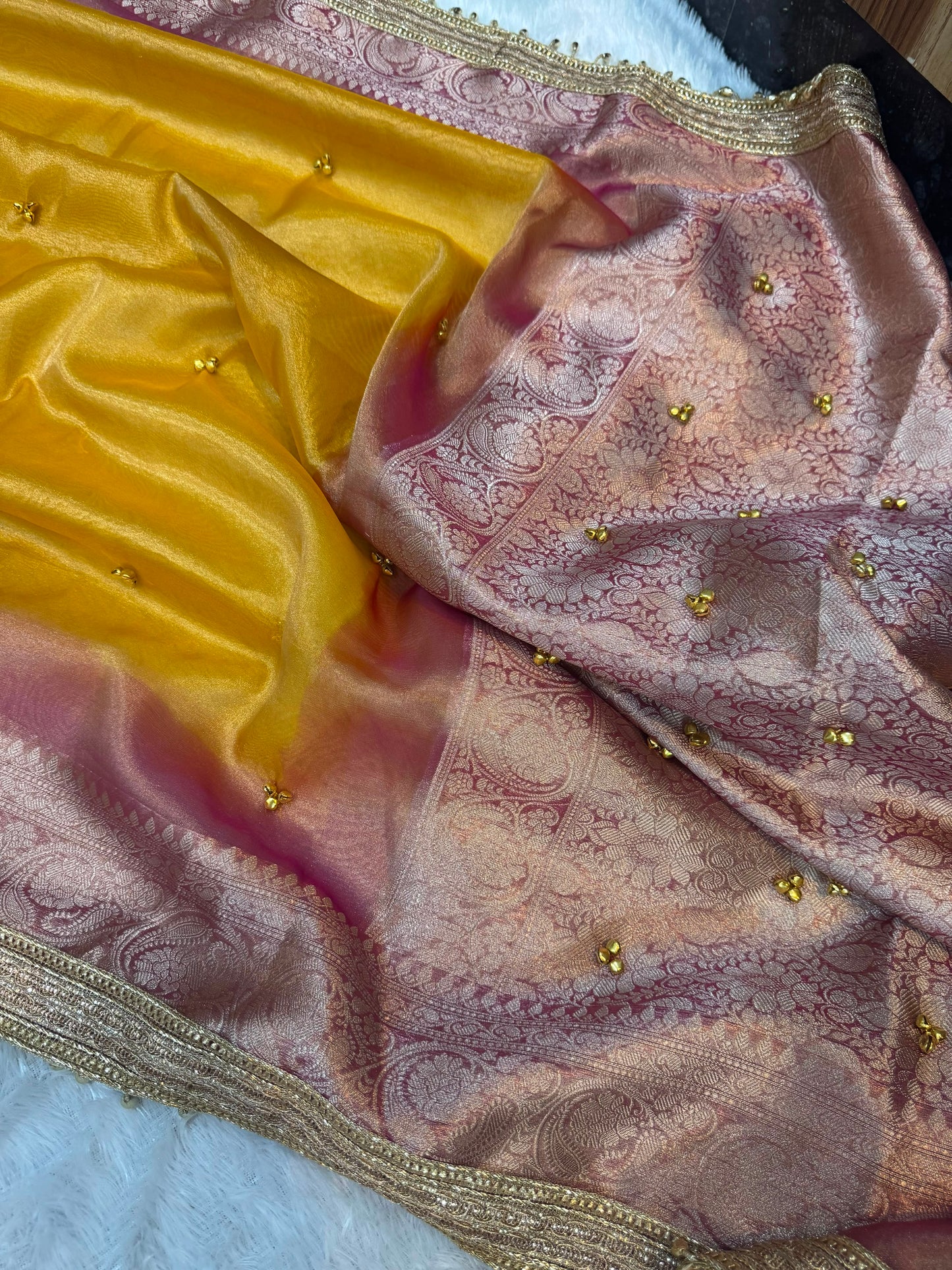 Madhur Ghungroo Yellow Blush Tissue Silk Saree