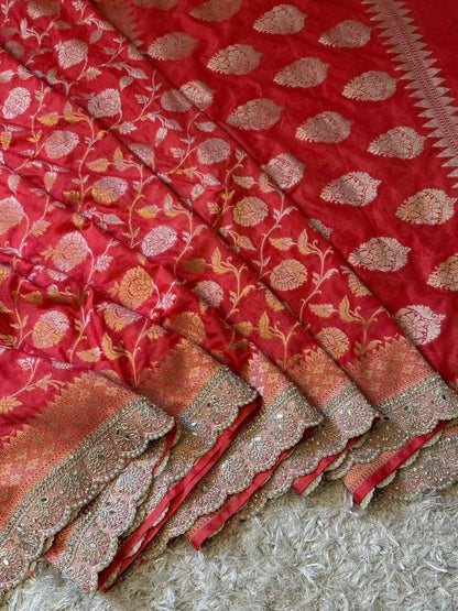 Mahnoor Coral Red Banarasi Soft Mashru Katan Silk Saree
