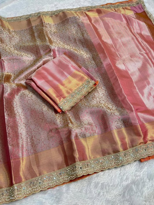 Elara Rose Gold Pink Kanchi Pattu Silk Saree