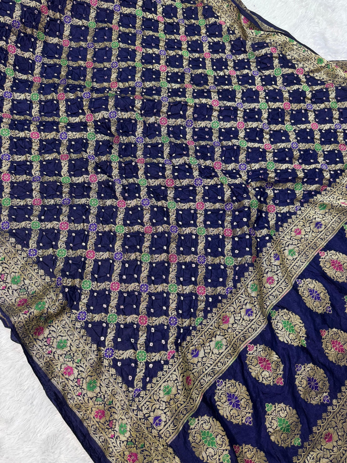 Bandita Navy Blue Banarasi Soft Bandhej Warm Silk Saree