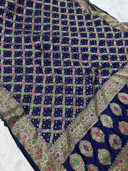 Bandita Navy Blue Banarasi Soft Bandhej Warm Silk Saree