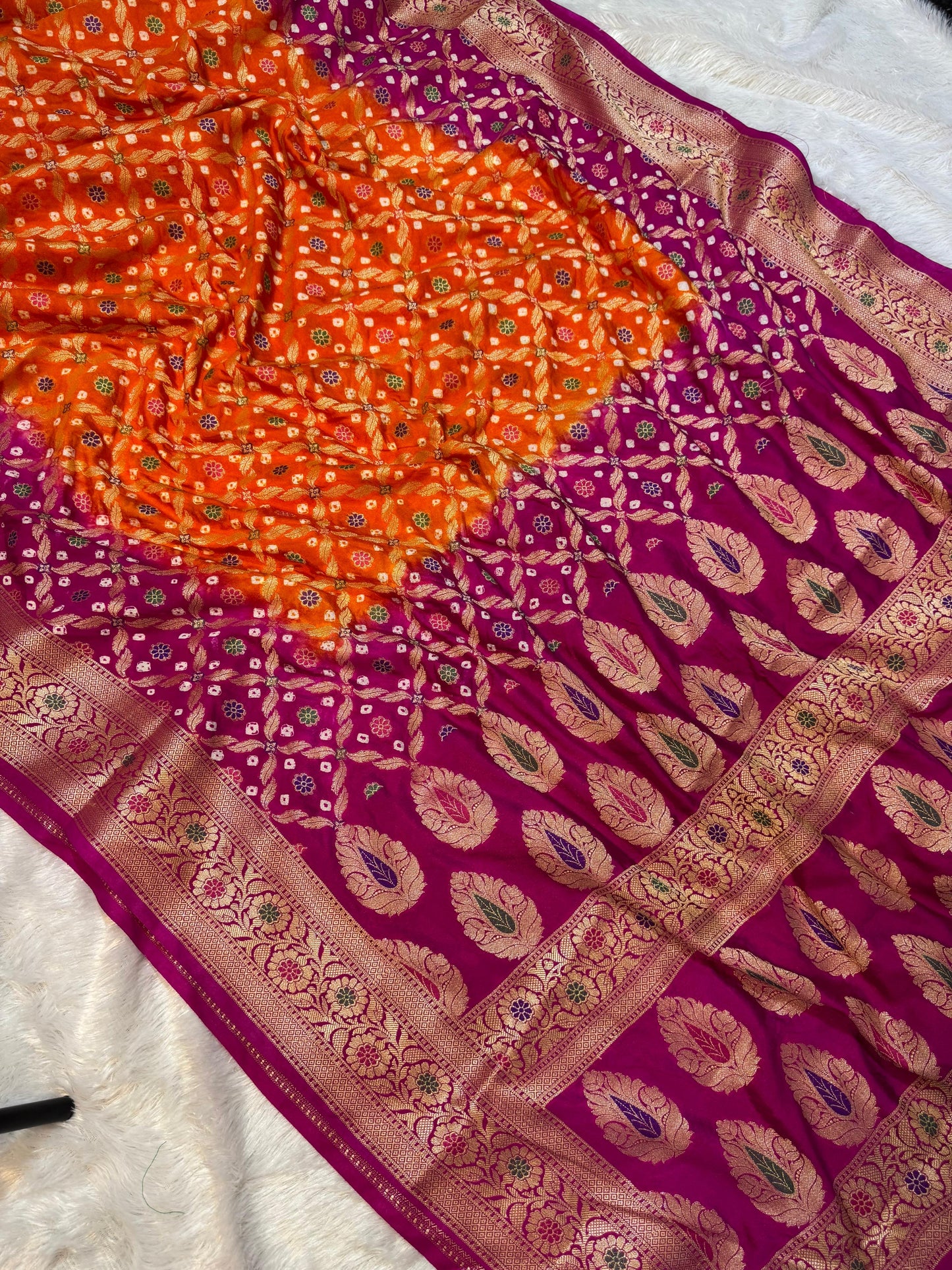 Bandini Orange & Magenta Banarasi Soft Bandhej Warm Silk Saree