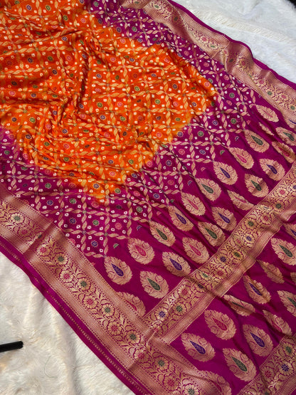 Bandini Orange & Magenta Banarasi Soft Bandhej Warm Silk Saree