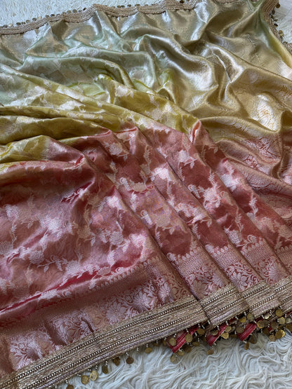 Noorza Pastel Yellow & Peach Soft Glass Tissue Silk Saree