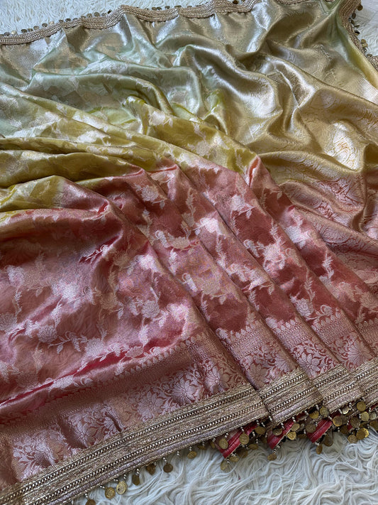 Noorza Pastel Yellow & Peach Soft Glass Tissue Silk Saree