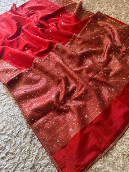 Laalima Ruby Red Banarasi Soft Tissue Silk Saree