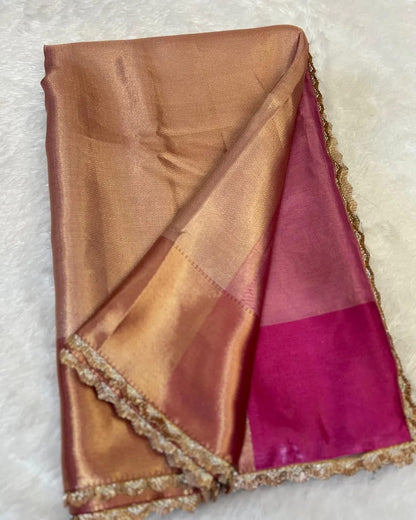 Zaria Rose Gold Banarasi Soft Kanchi Tissue Silk Saree