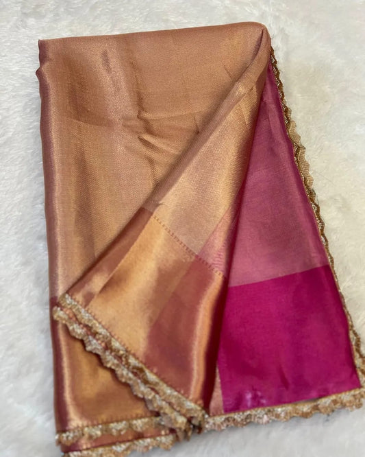 Zaria Rose Gold Banarasi Soft Kanchi Tissue Silk Saree