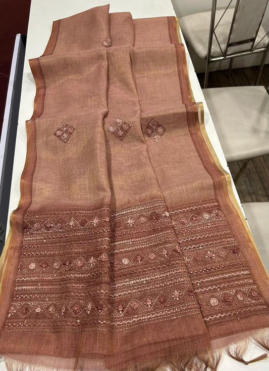 Kaavya Brown Linen Tissue Saree