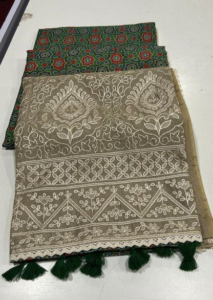Noorvi Green Chanderi Cotton Saree with Ajrakh Print