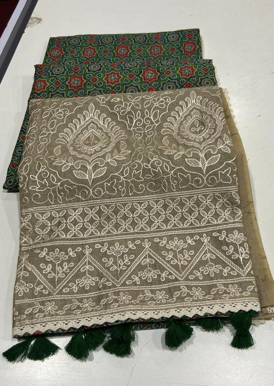 Noorvi Green Chanderi Cotton Saree with Ajrakh Print