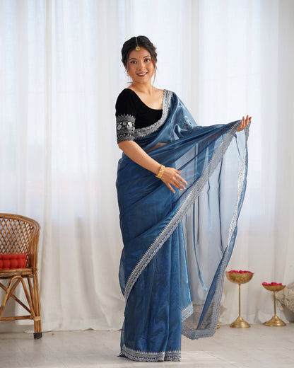 Kanchh Blue Twill Net Saree