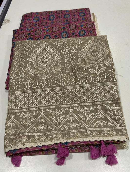 Noorvi Purple Chanderi Cotton Saree with Ajrakh Print