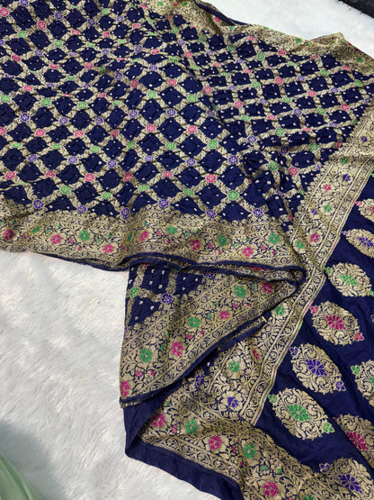Bandita Navy Blue Banarasi Soft Bandhej Warm Silk Saree