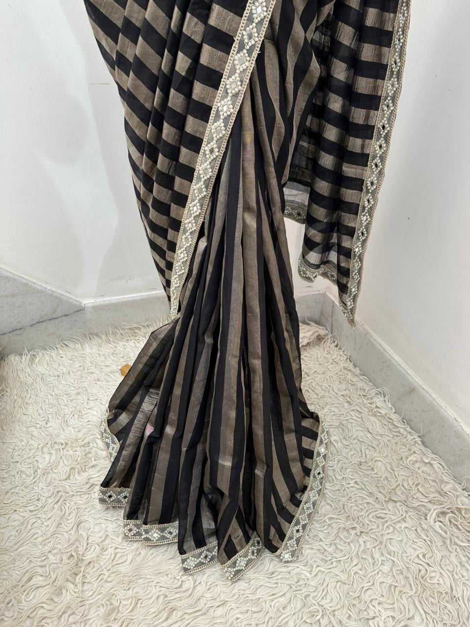 Noir Black Banarasi Soft Tissue Silk Saree