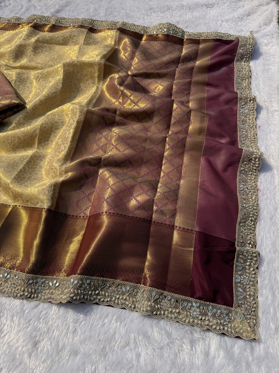 Zoya Maroon Gold Banarasi Kanjivaram Tissue Silk Saree