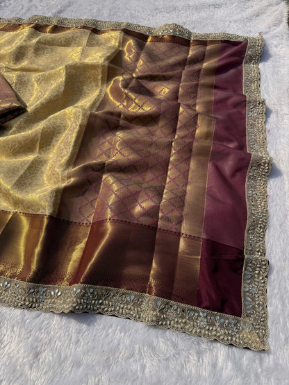 Zoya Maroon Gold Banarasi Kanjivaram Tissue Silk Saree