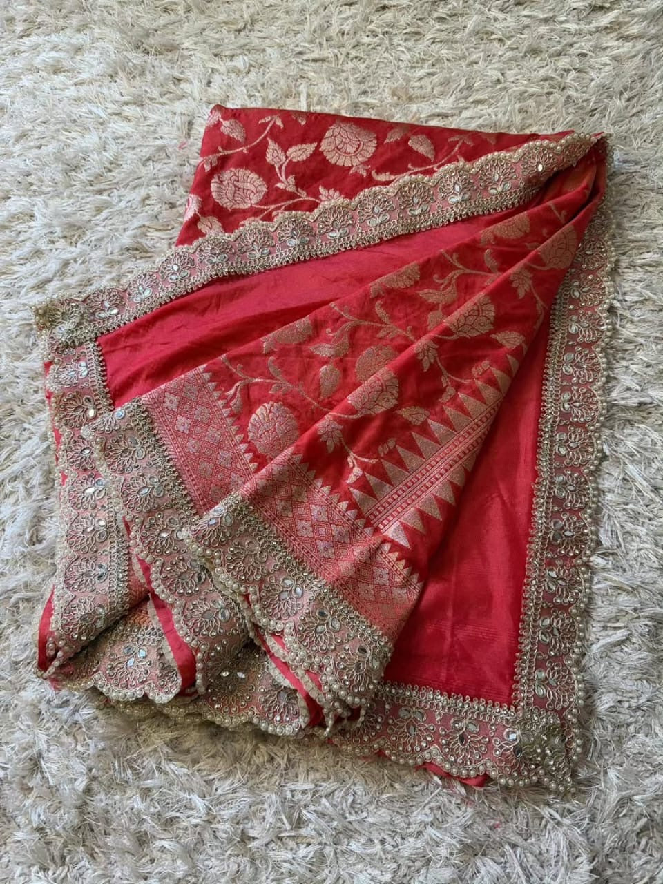 Mahnoor Coral Red Banarasi Soft Mashru Katan Silk Saree