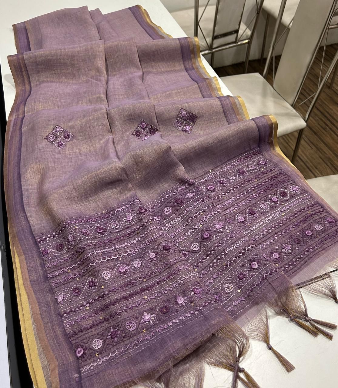 Kaavya Purple Linen Tissue Saree
