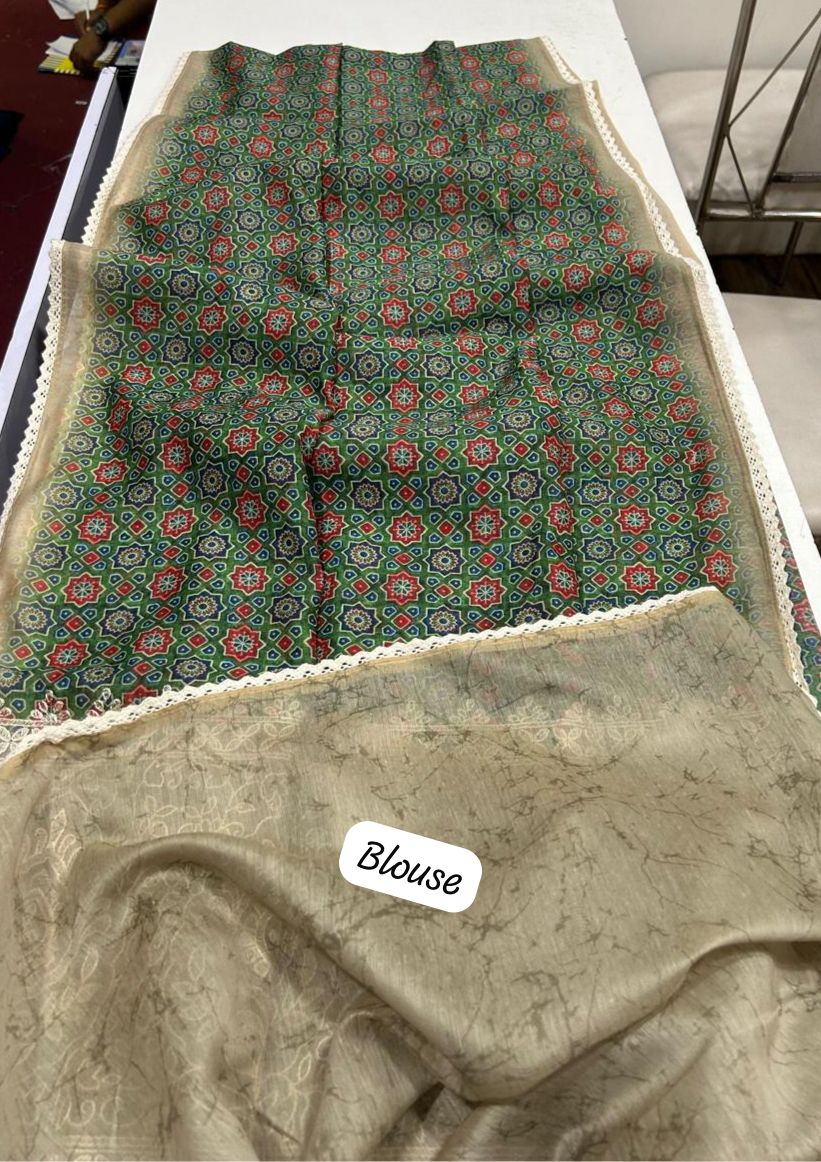 Noorvi Green Chanderi Cotton Saree with Ajrakh Print