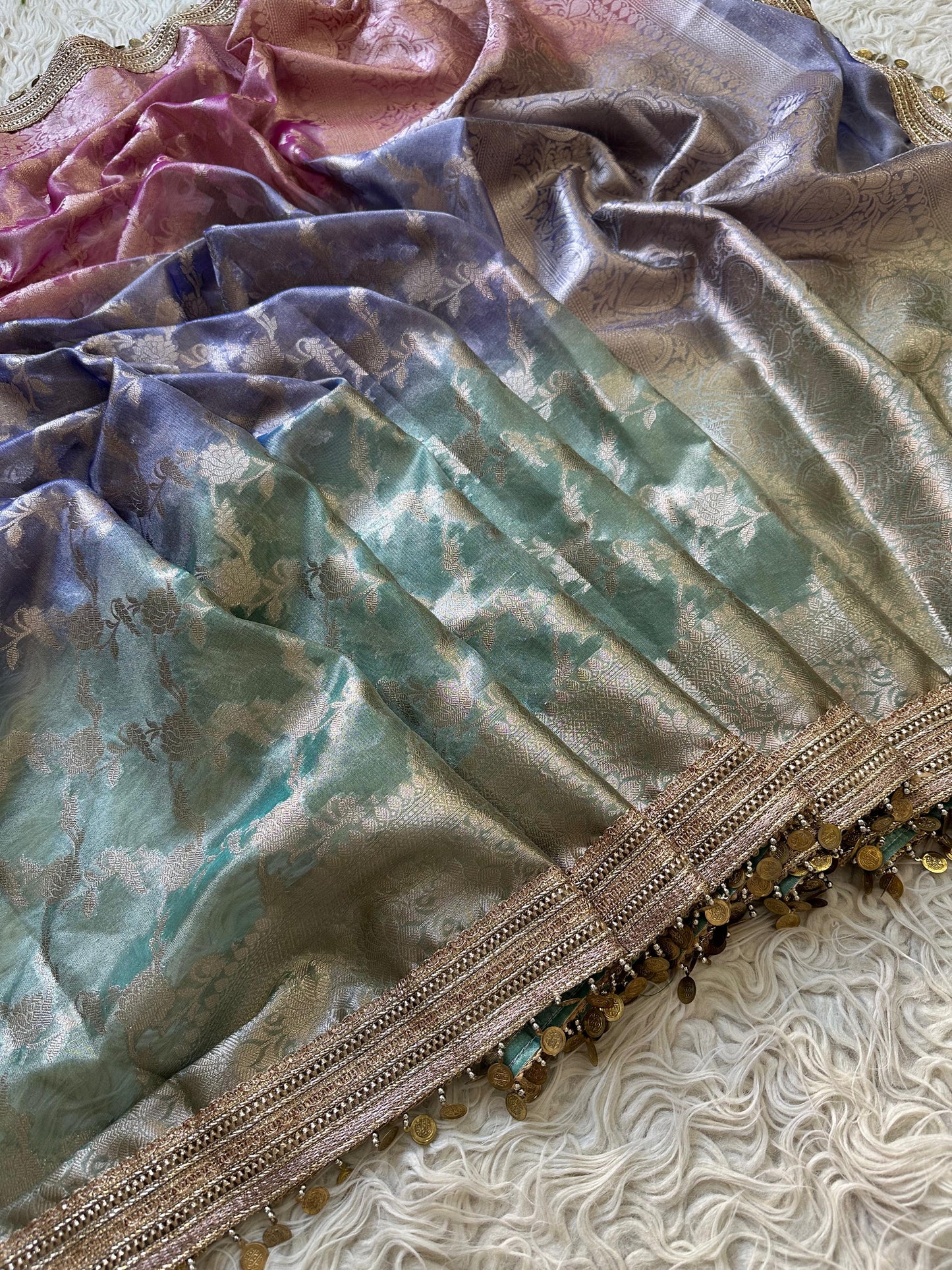 Noorza Pastel Lilac & Aqua Soft Glass Tissue Silk Saree