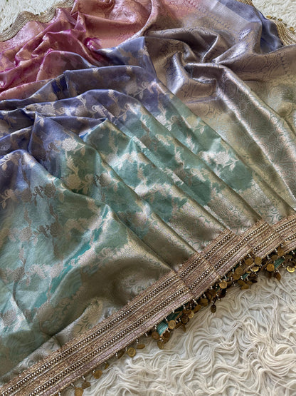 Noorza Pastel Lilac & Aqua Soft Glass Tissue Silk Saree