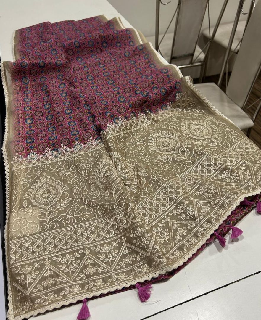 Noorvi Purple Chanderi Cotton Saree with Ajrakh Print