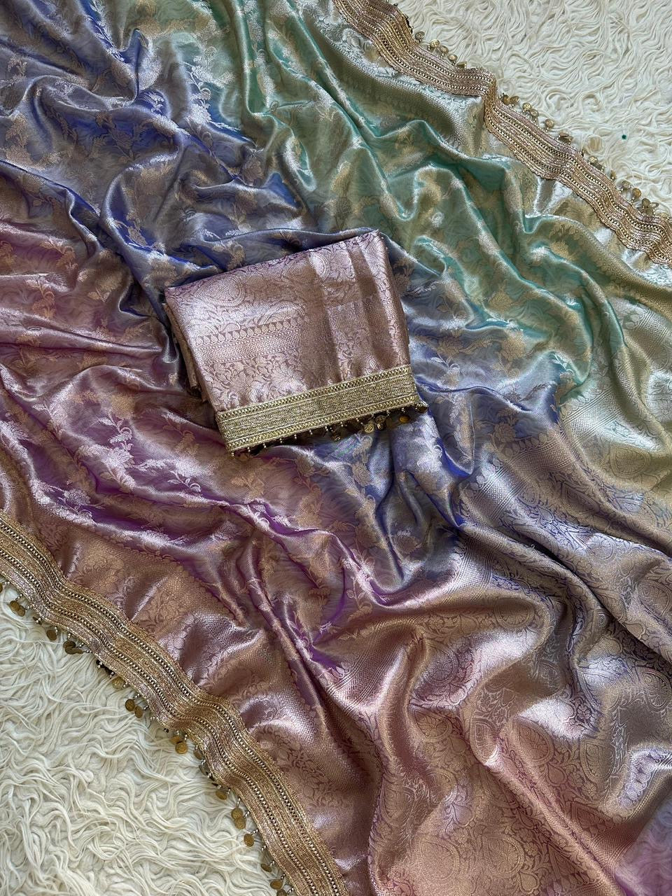 Noorza Pastel Lilac & Aqua Soft Glass Tissue Silk Saree