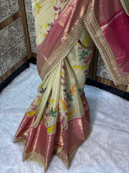 Avira Ivory & Rani Pink Banarasi Soft Tissue Silk Saree