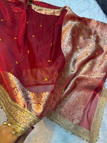 Madhur Ghungroo Red Tissue Silk Saree