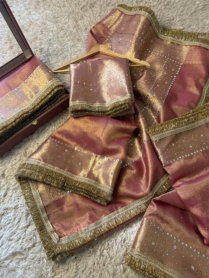 Nayab Rose Gold Pink Banarasi Soft Tissue Silk Saree