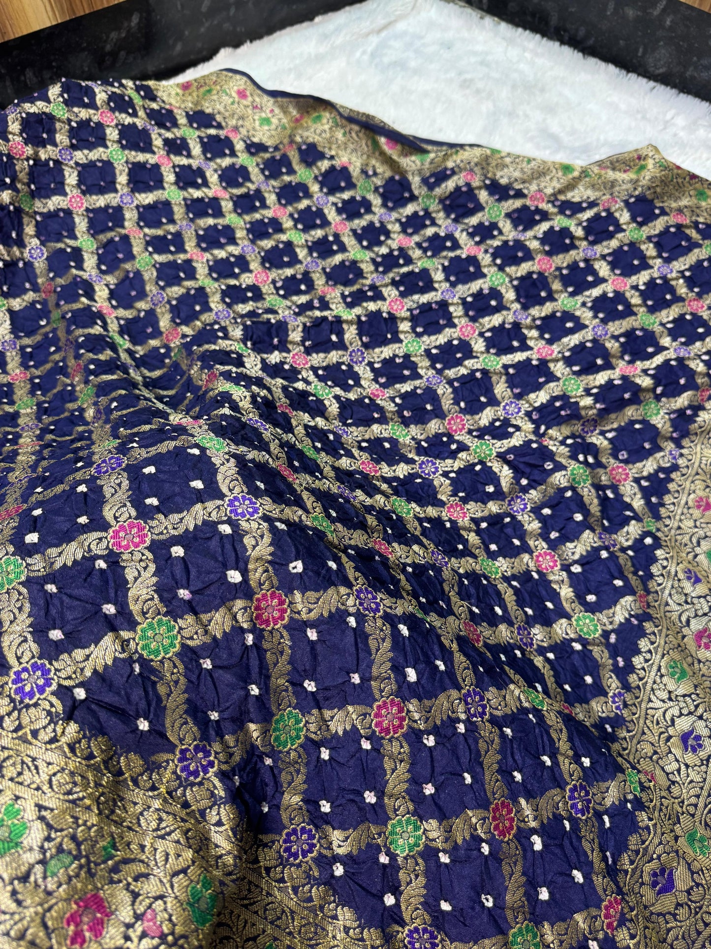 Bandita Navy Blue Banarasi Soft Bandhej Warm Silk Saree