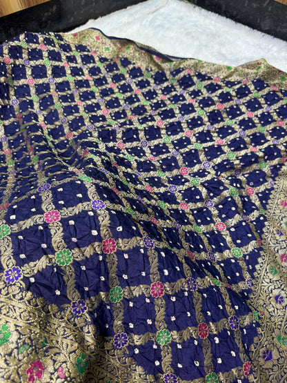 Bandita Navy Blue Banarasi Soft Bandhej Warm Silk Saree