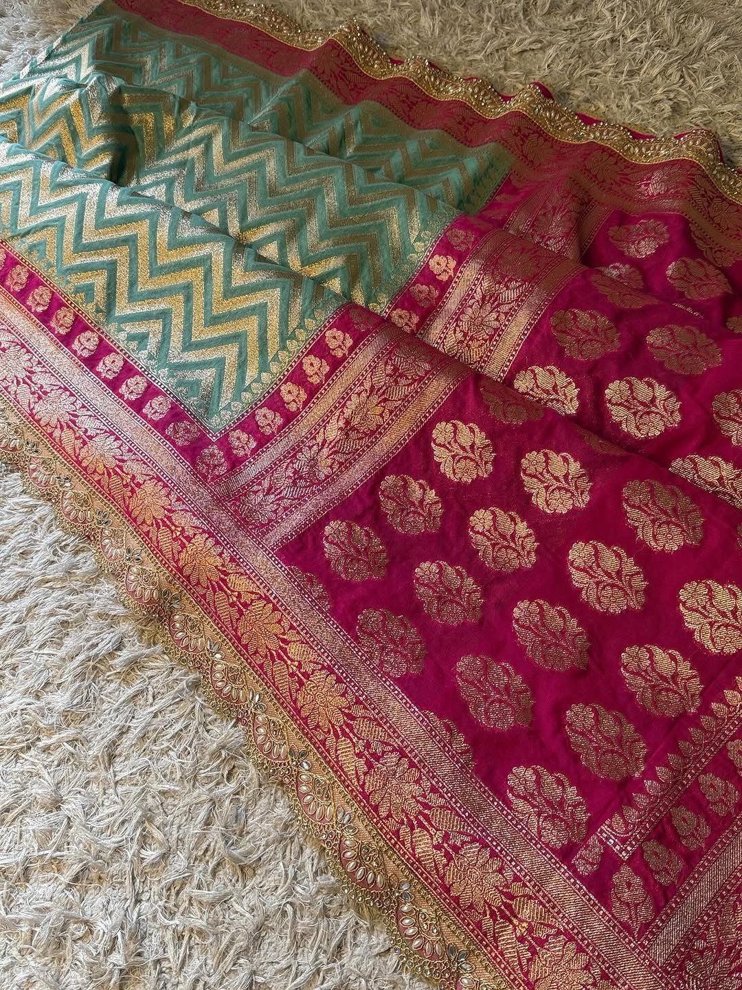 Saanvi Pink & Green Katan Georgette Silk Saree